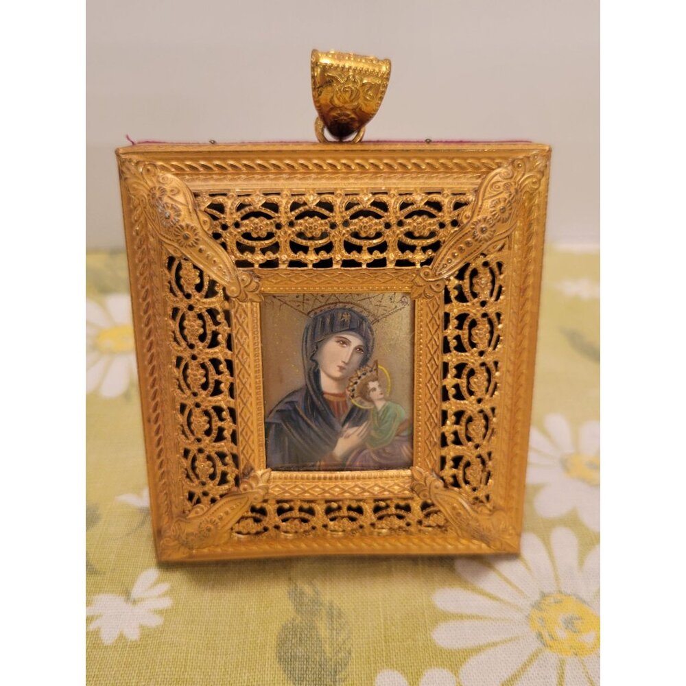 Reuge Music Box Vntg Ornate Gold Framed Madonna & Child Icon Religious Artifact